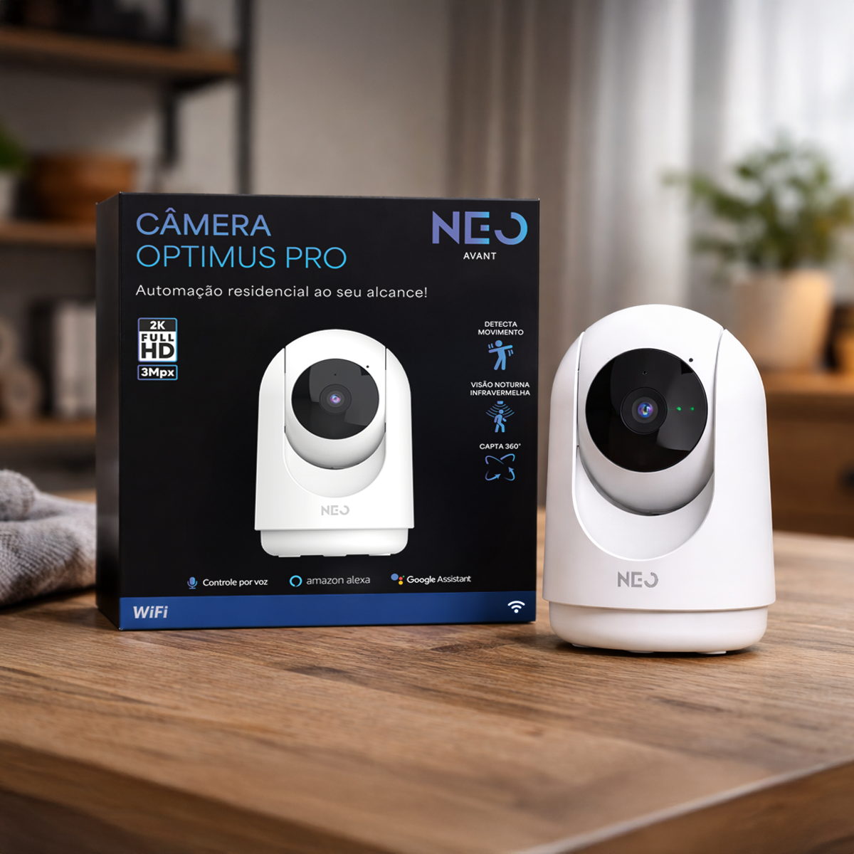 Câmera Optimus Pro Full HD 2K Wi-fi 2.4 GHz 355° Visão Noturna Branco Avant Neo