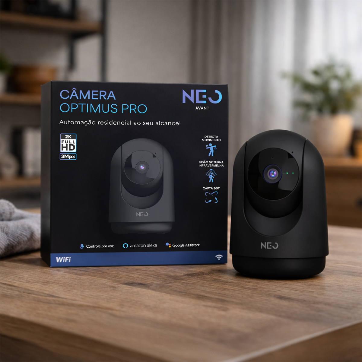 Câmera Optimus Pro Full HD 2K Wifi 355° Visão Noturna Preto Neo