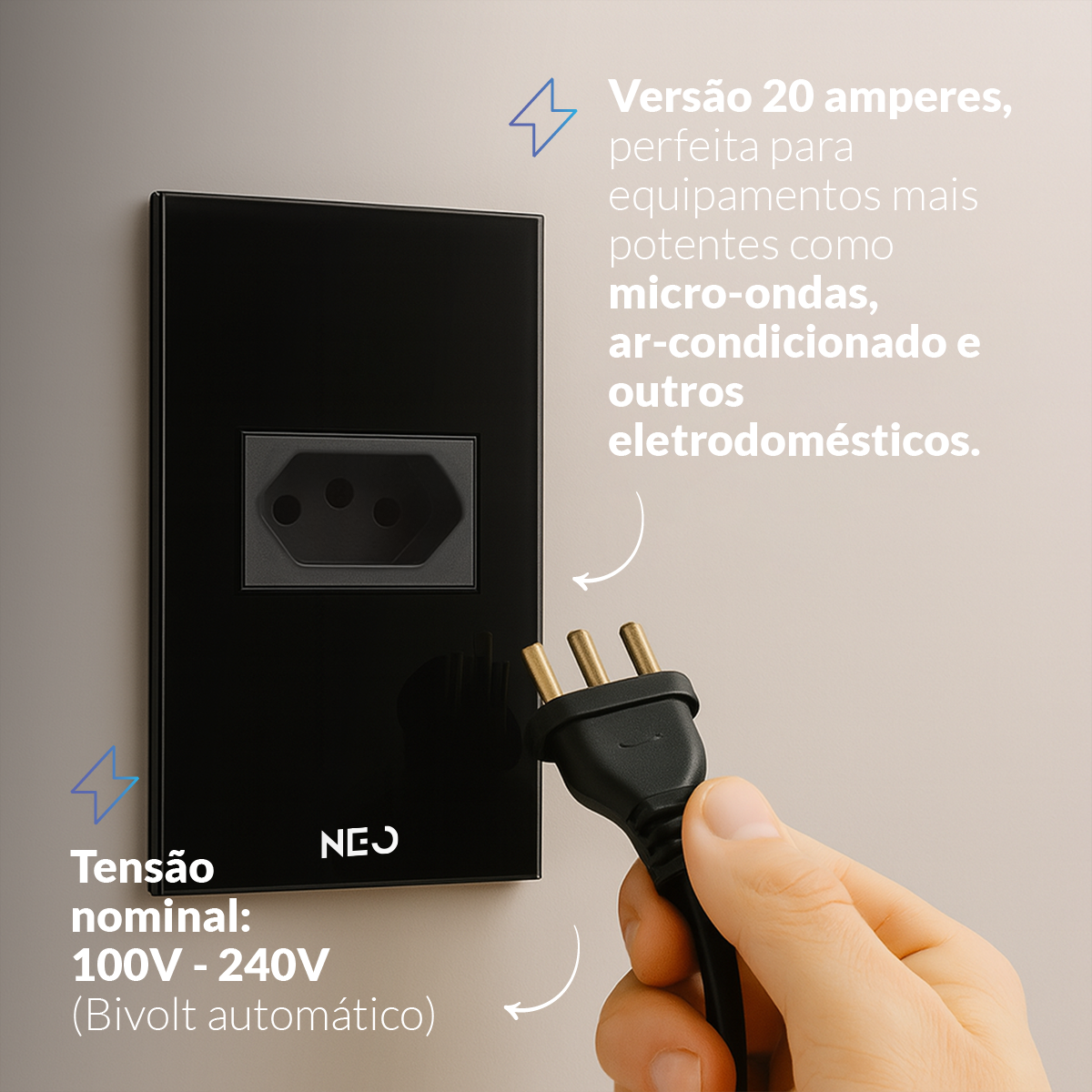 Tomada Padrão Flex com 1 Saida 4x2 20A Bivolt Preto Neo