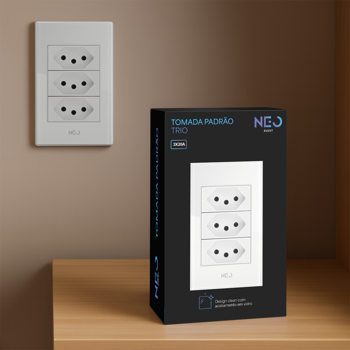 Tomada Padrão Flex Trio com 3 Saídas 4x2 10A e 20A Bivolt Branco Neo