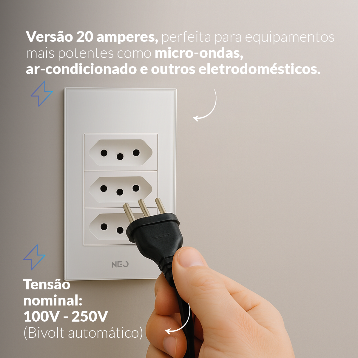 Tomada Padrão Flex Trio com 3 Saídas 4x2 10A e 20A Bivolt Branco Neo