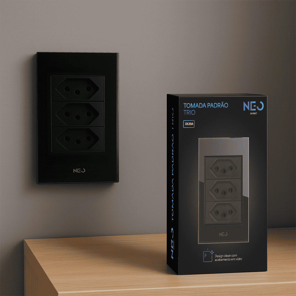 Tomada Padrão Flex Trio com 3 Saídas 4x2 20A Bivolt Preto Neo - NEO Avant