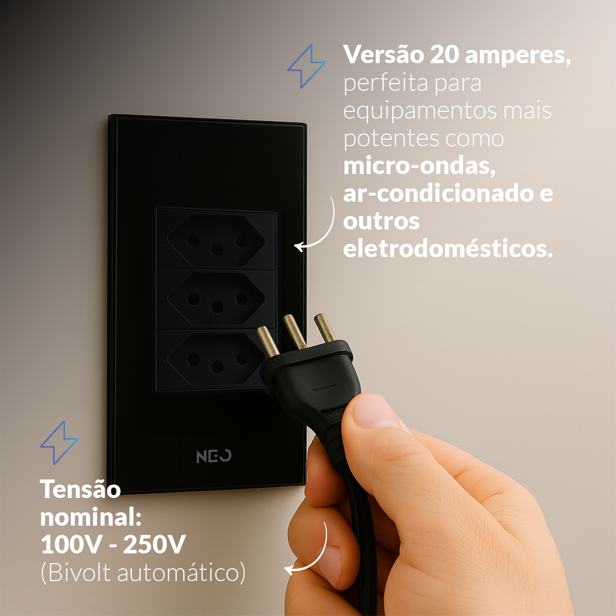 Tomada Padrão Flex Trio com 3 Saídas 4x2 20A Bivolt Preto Neo