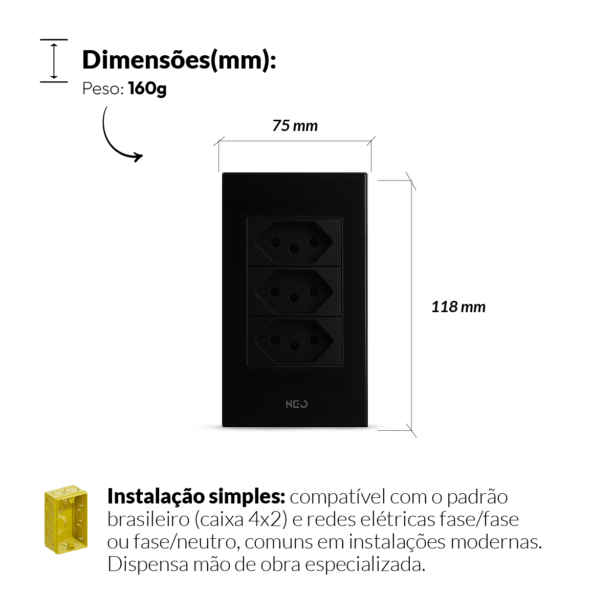 Tomada Padrão Flex Trio com 3 Saídas 4x2 20A Bivolt Preto Neo
