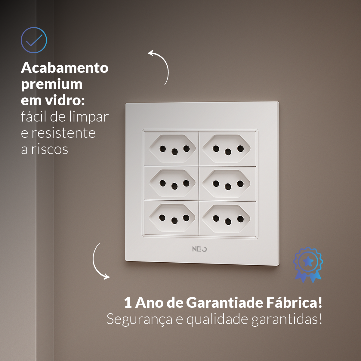 Tomada Padrão Flex com 6 Saídas 4x4 10A e 20A Bivolt Branco Neo