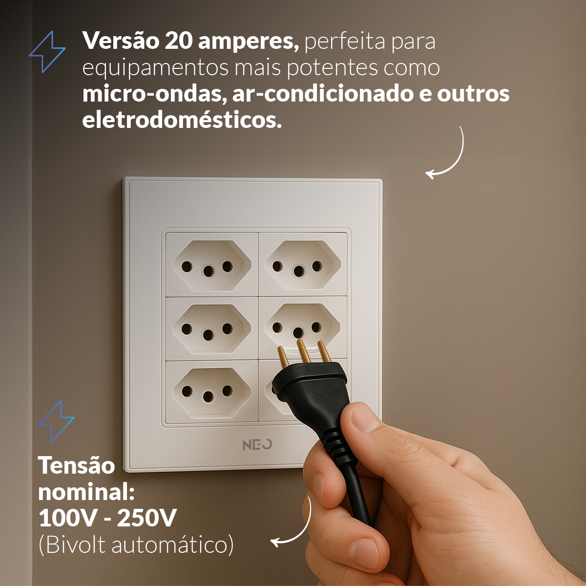 Tomada Padrão Flex com 6 Saídas 4x4 10A e 20A Bivolt Branco Neo