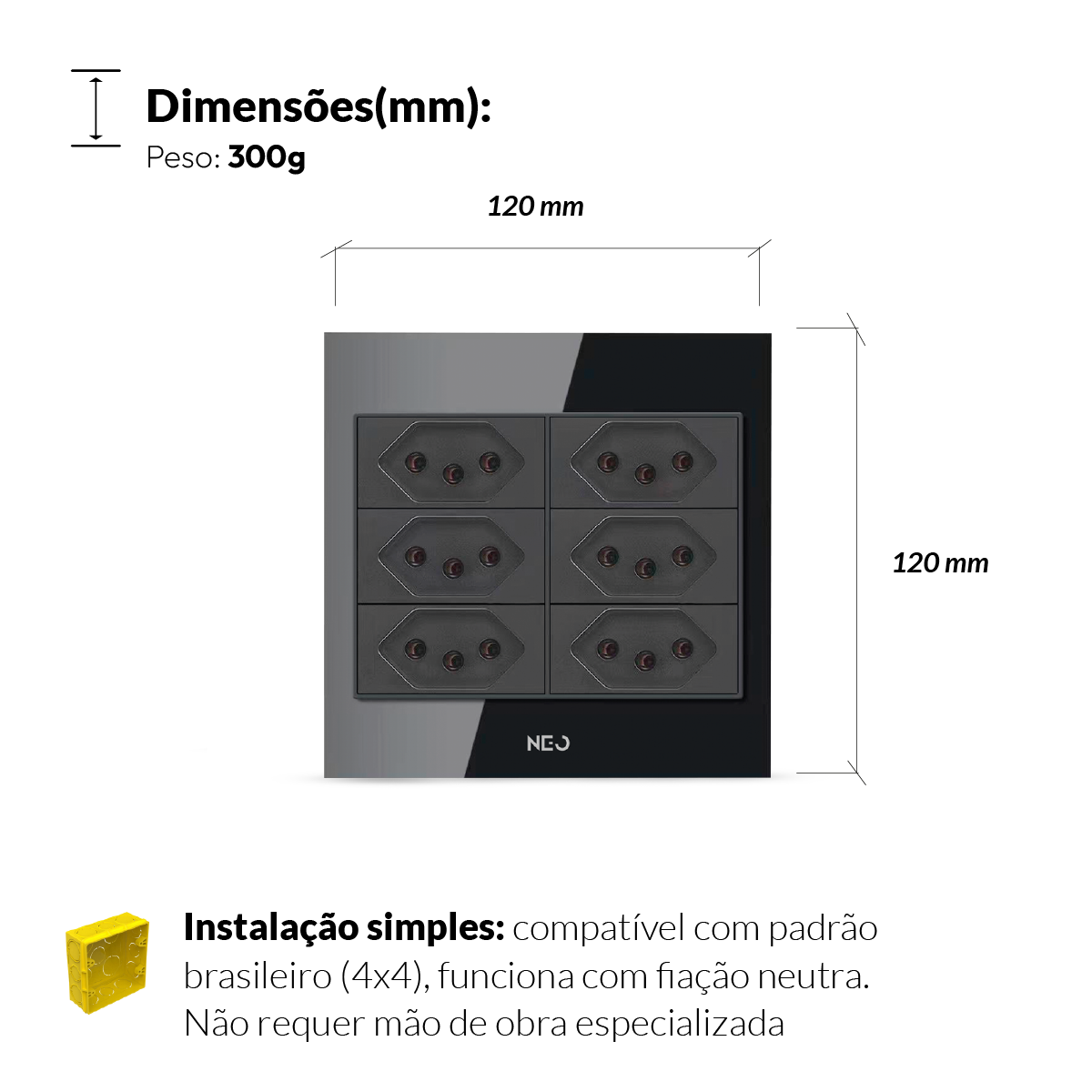 Tomada Padrão Flex Sesto com 6 Saídas 4x4 10A e 20A Bivolt Preto Neo