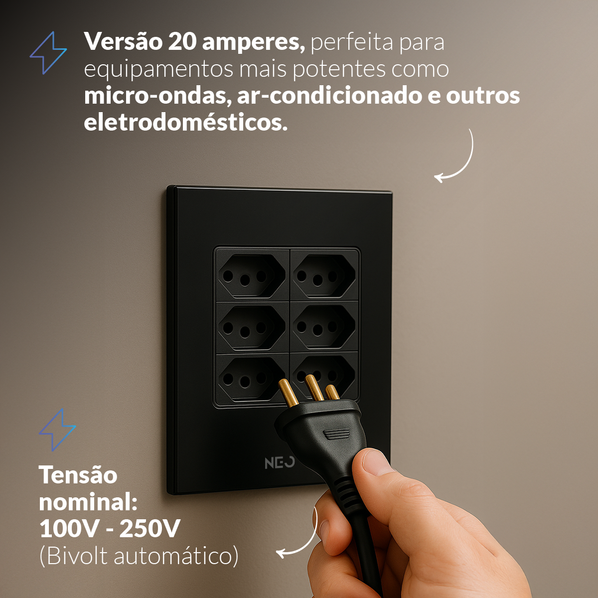 Tomada Padrão Flex Sesto com 6 Saídas 4x4 10A e 20A Bivolt Preto Neo