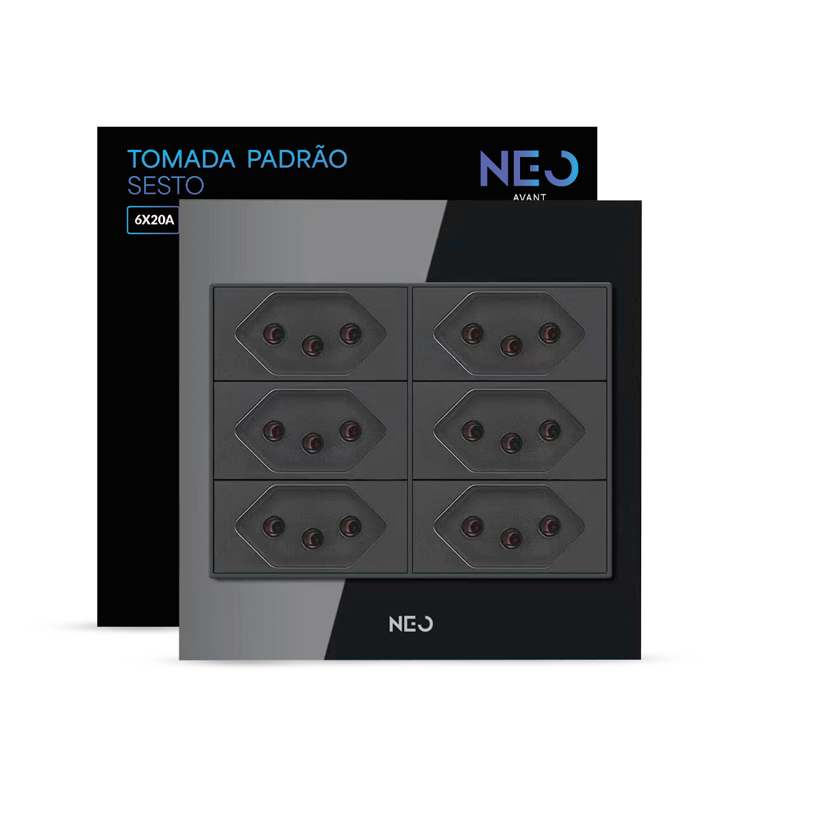 Tomada Padrão Flex Sesto com 6 Saídas 4x4 10A e 20A Bivolt Preto Neo