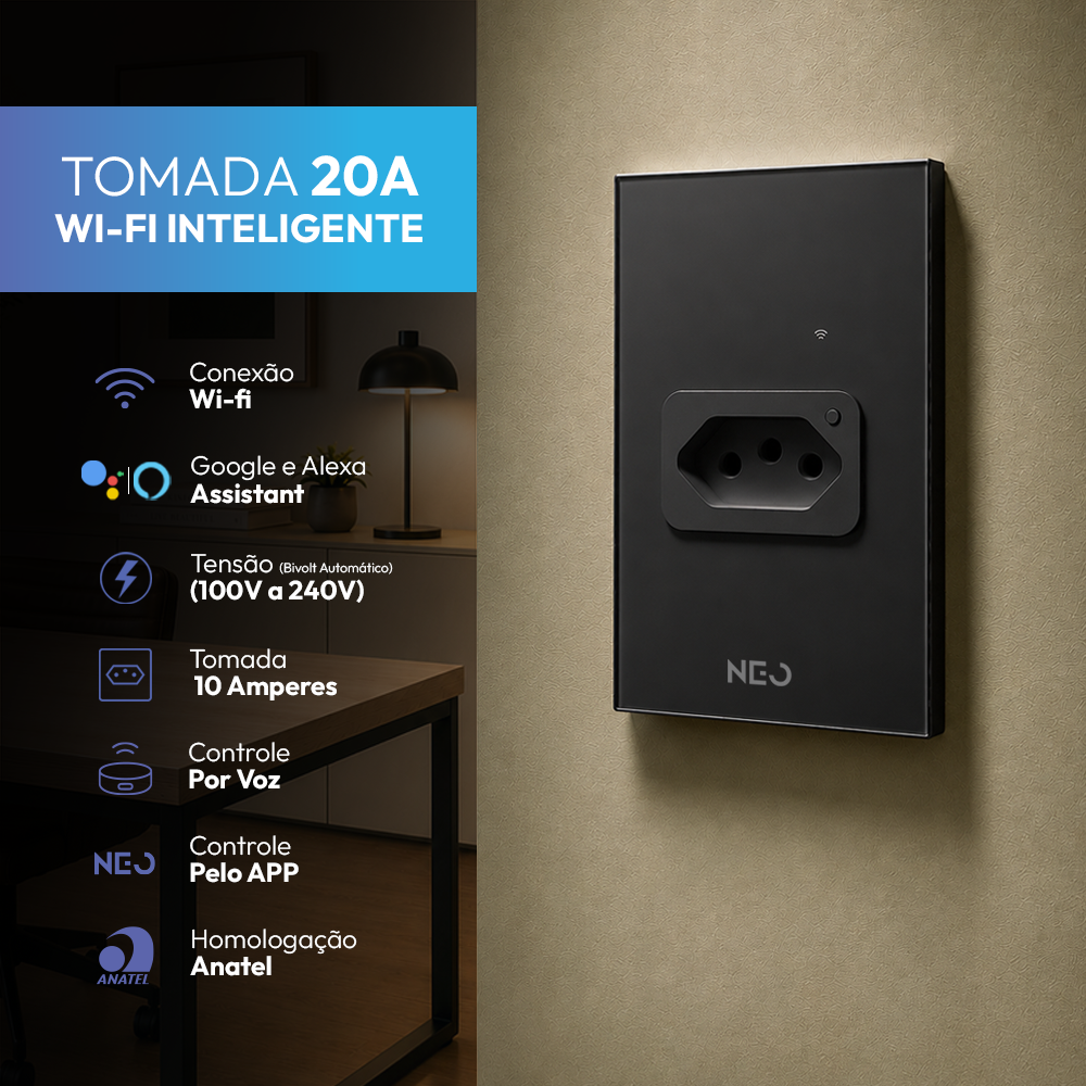 Tomada Inteligente Wifi 20A Bivolt Preto Neo