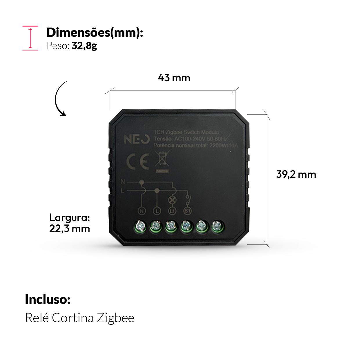 Mini Módulo Relé de Cortina Zigbee Sobrepor 10A Bivolt Branco Neo