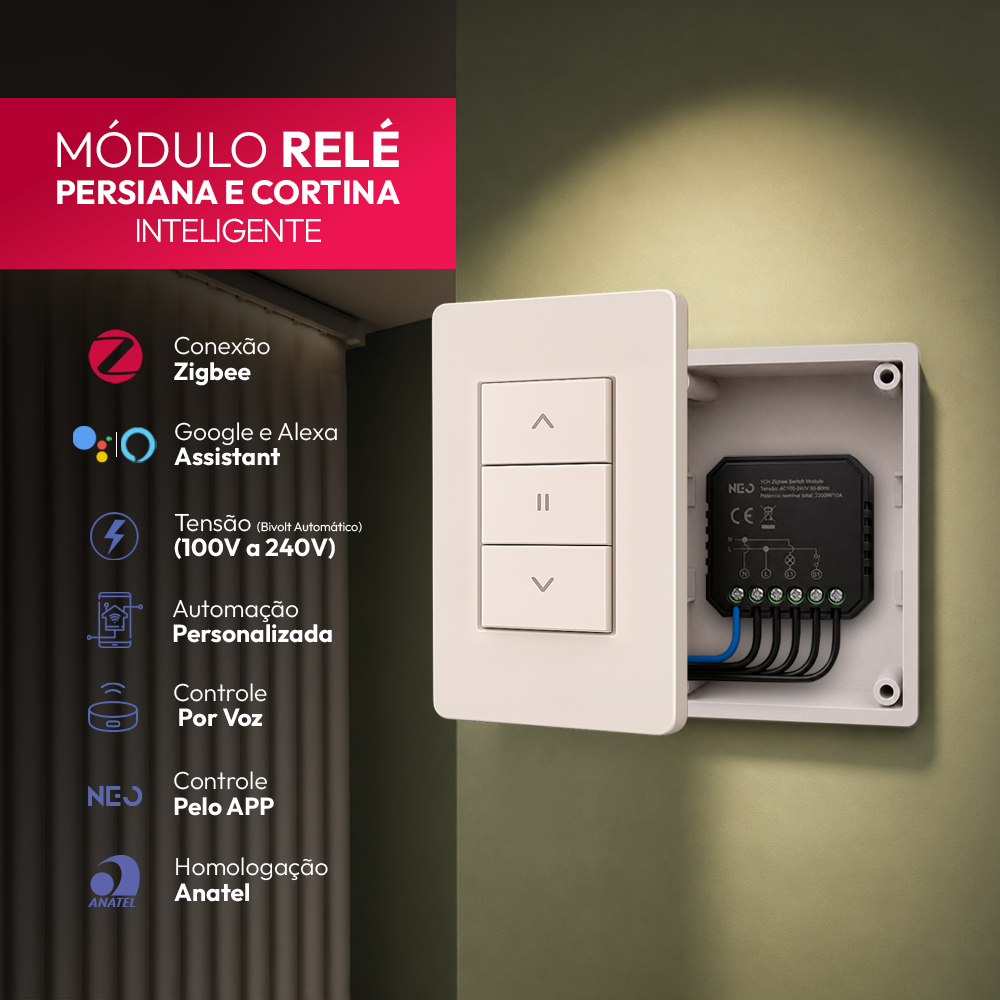 Mini Módulo Relé de Cortina Zigbee Sobrepor 10A Bivolt Branco Neo