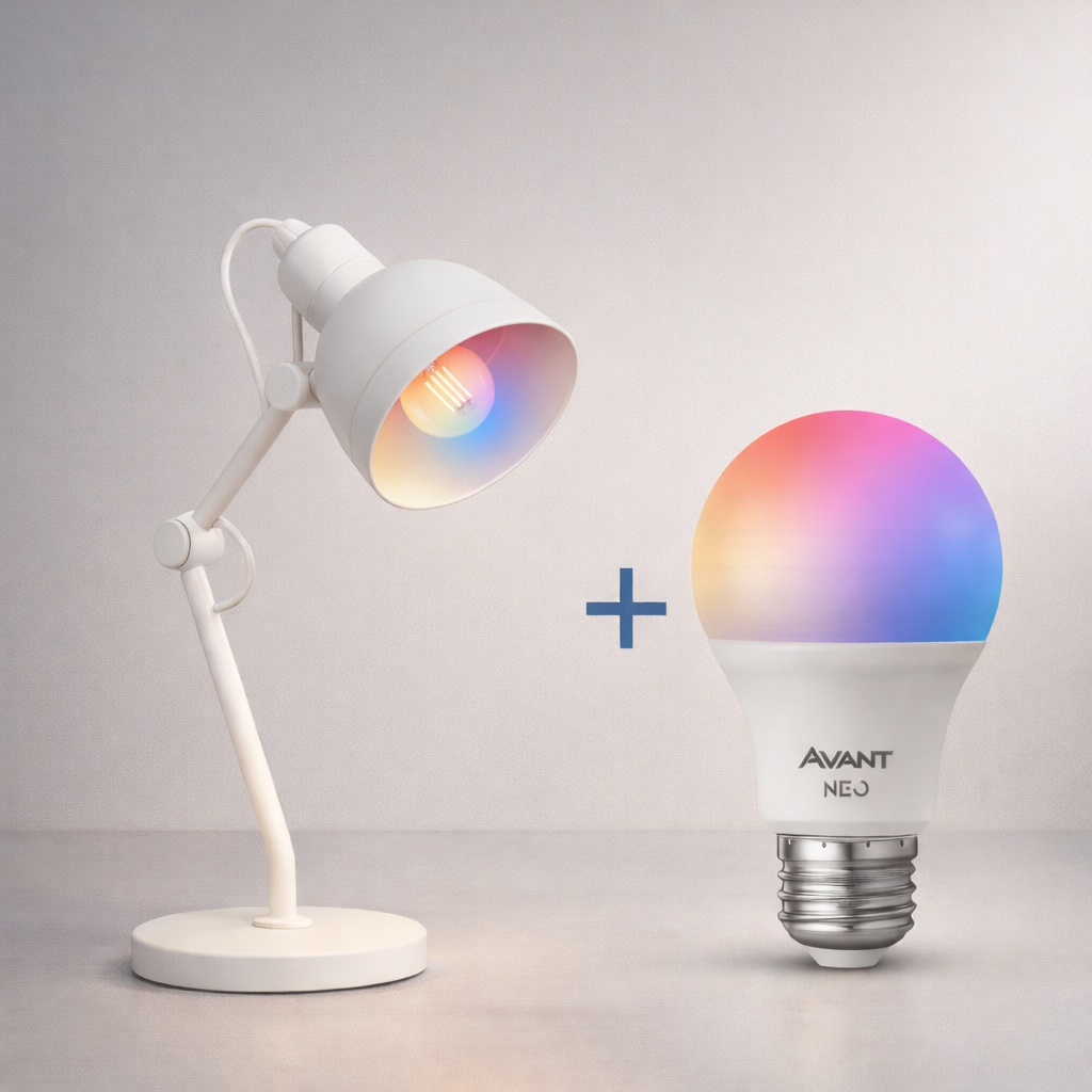 Kit Luminária De Mesa Branca com Lâmpada Pera RGB 15w E27 Neo Avant