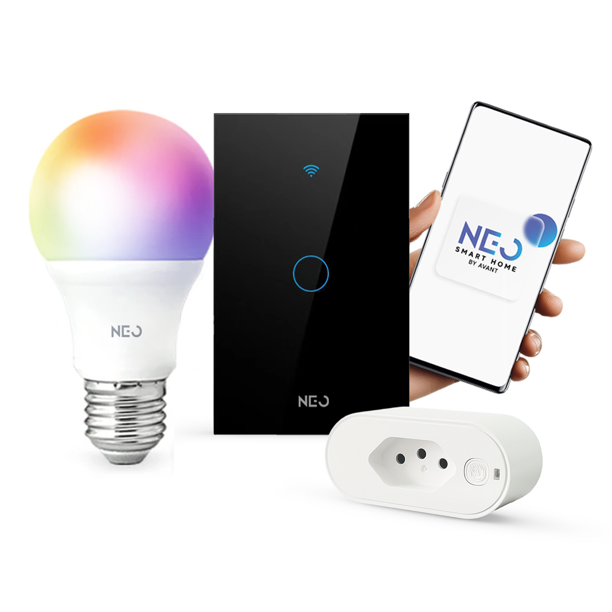 Kit Automação Lâmpada RGB 15w Interruptor 1 botão Tomada Inteligente Preto Wi-Fi 4x2 Bivolt Neo Avant - NEO Avant