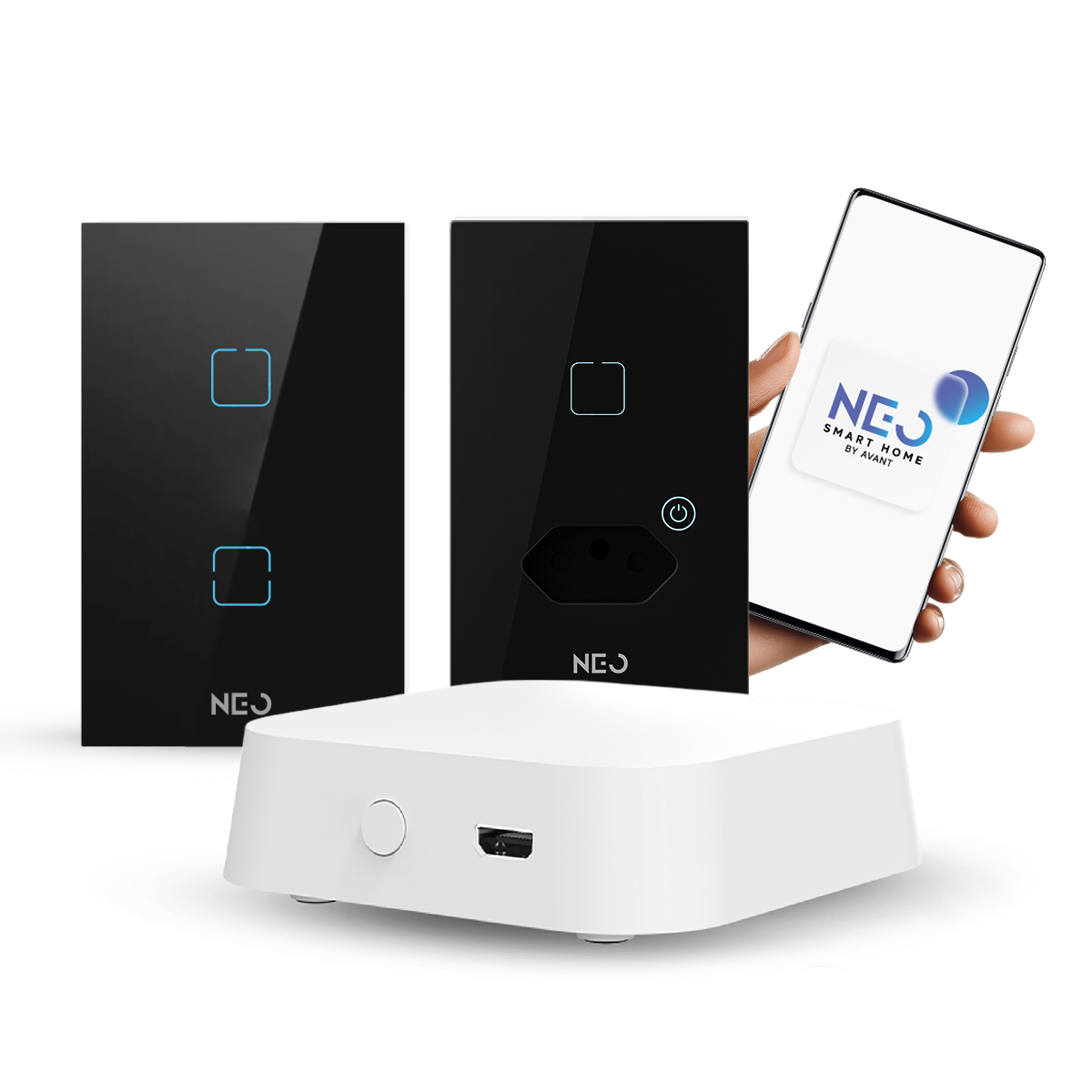 kit automação hub zigbee com interruptores tomada inteligente preto 4x2 bivolt neo