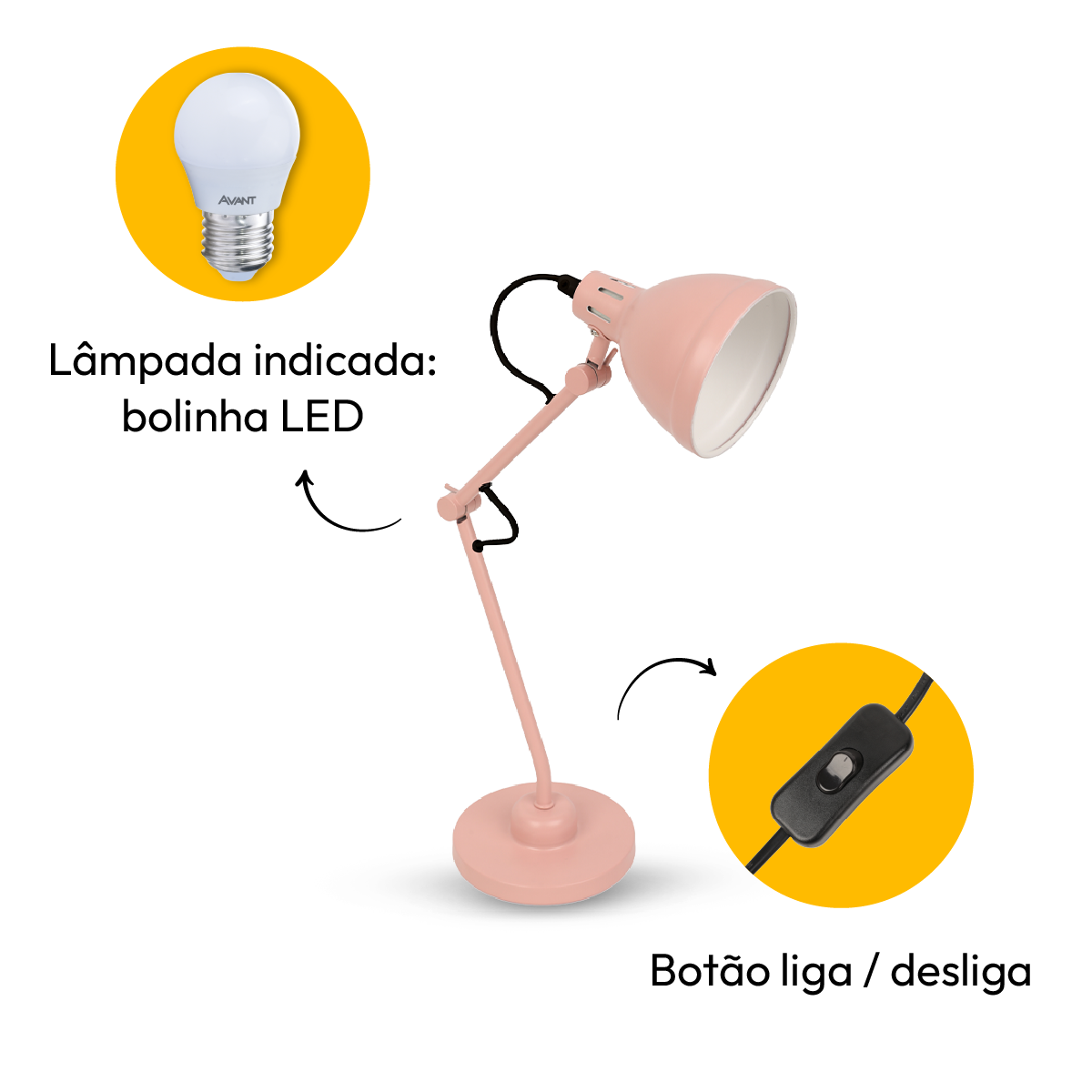 Kit Luminária De Mesa Rosa com Lâmpada Pera RGB 15w E27 Neo Avant
