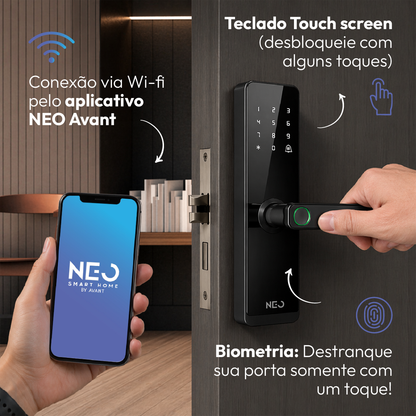 Fechadura Digital Inteligente Stark Handle Embutir Biometria Wifi Preto Neo