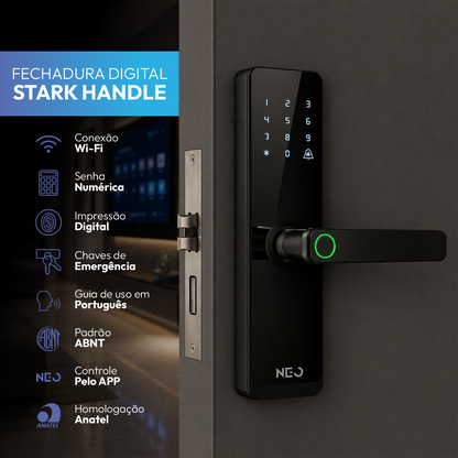 Fechadura Digital Inteligente Stark Handle Embutir Biometria Wifi Preto Neo