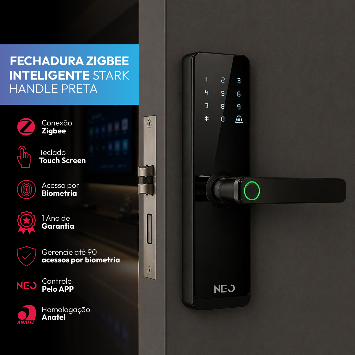 Fechadura Digital Inteligente Stark Handle Embutir Biometria Zigbee Preto Neo