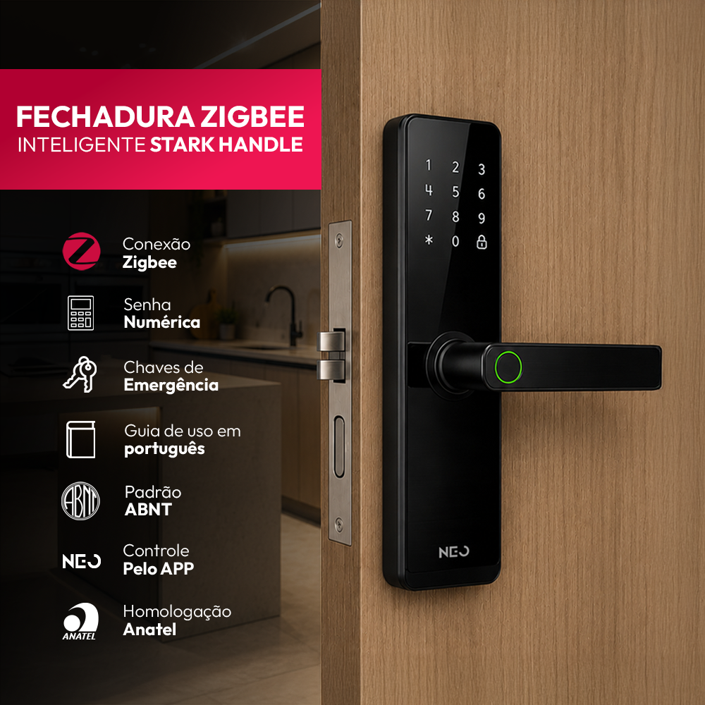 Fechadura Digital Inteligente Stark Handle Embutir Biometria Zigbee Preto Neo