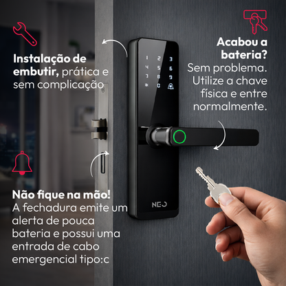 Fechadura Digital Inteligente Stark Handle Embutir Biometria Zigbee Preto Neo
