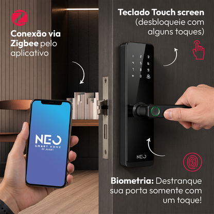 Fechadura Digital Inteligente Stark Handle Embutir Biometria Zigbee Preto Neo