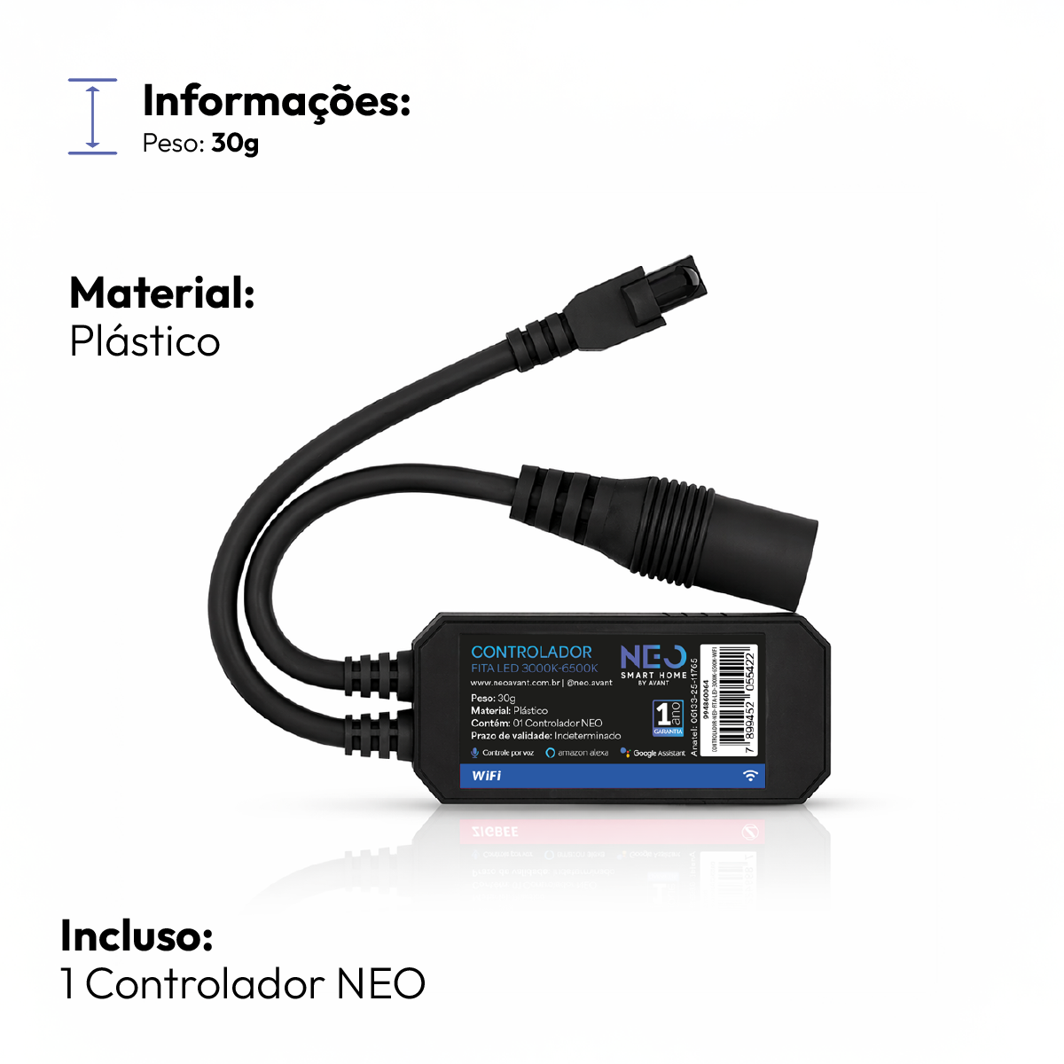 Controlador de Fita Led Inteligente Wi-Fi Branco Quente/Frio Neo
