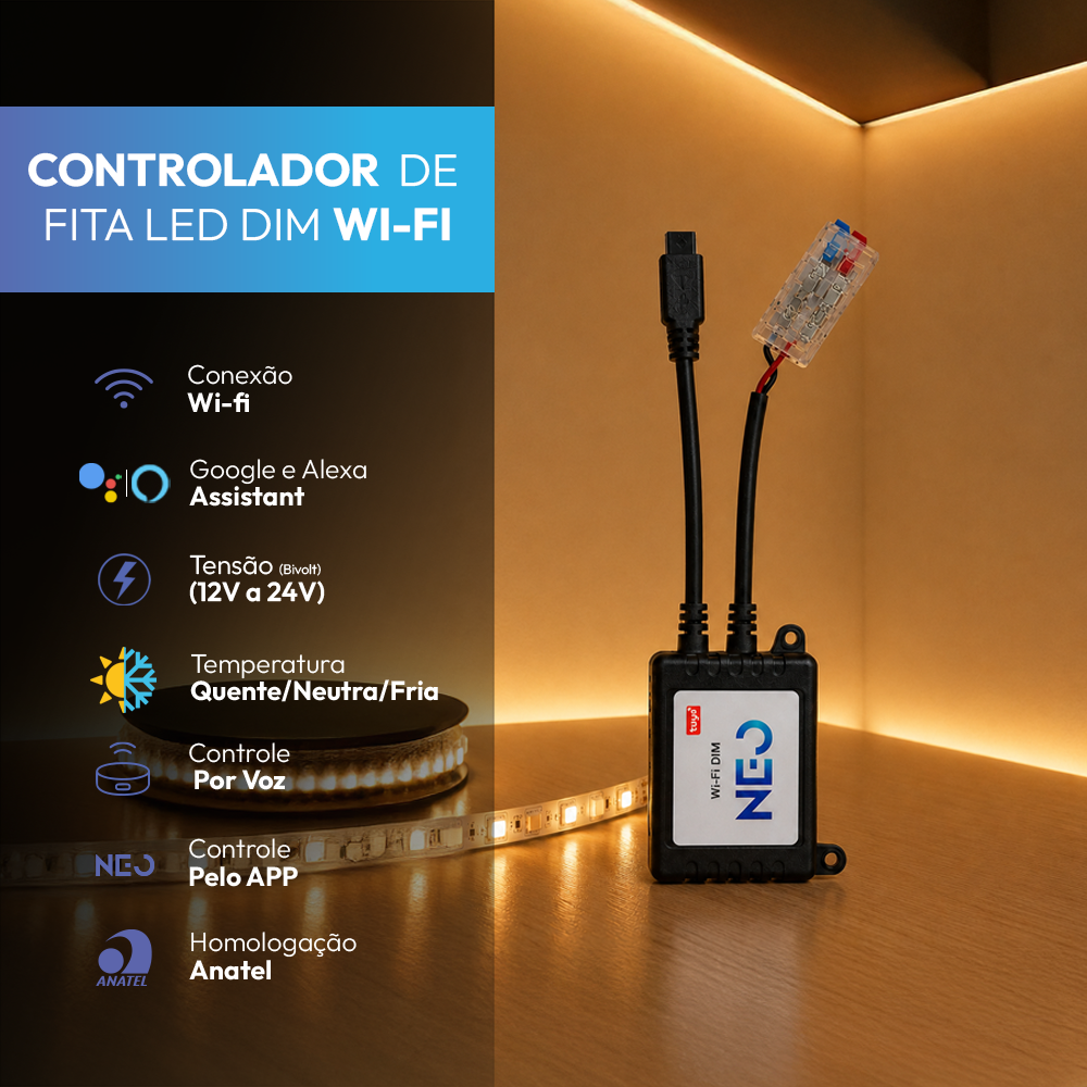 Controlador de Fita Led Inteligente Wi-Fi Branco Quente/Frio Neo