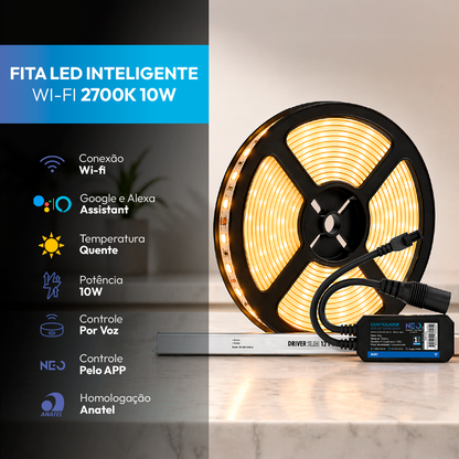 Fita Led Inteligente Wifi 10W 5 Metros 2700K Branco Quente 12v Neo