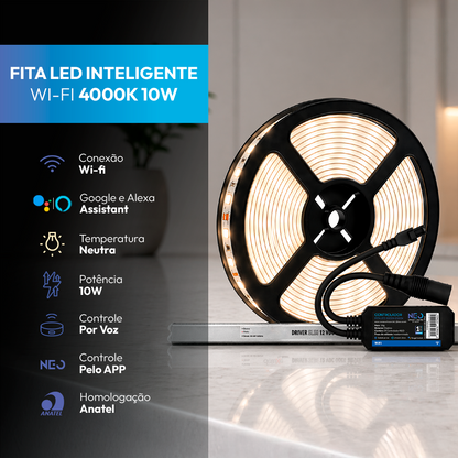 Fita Led Inteligente Wifi 10W 5 Metros 4000K Branco Neutro 12v Neo