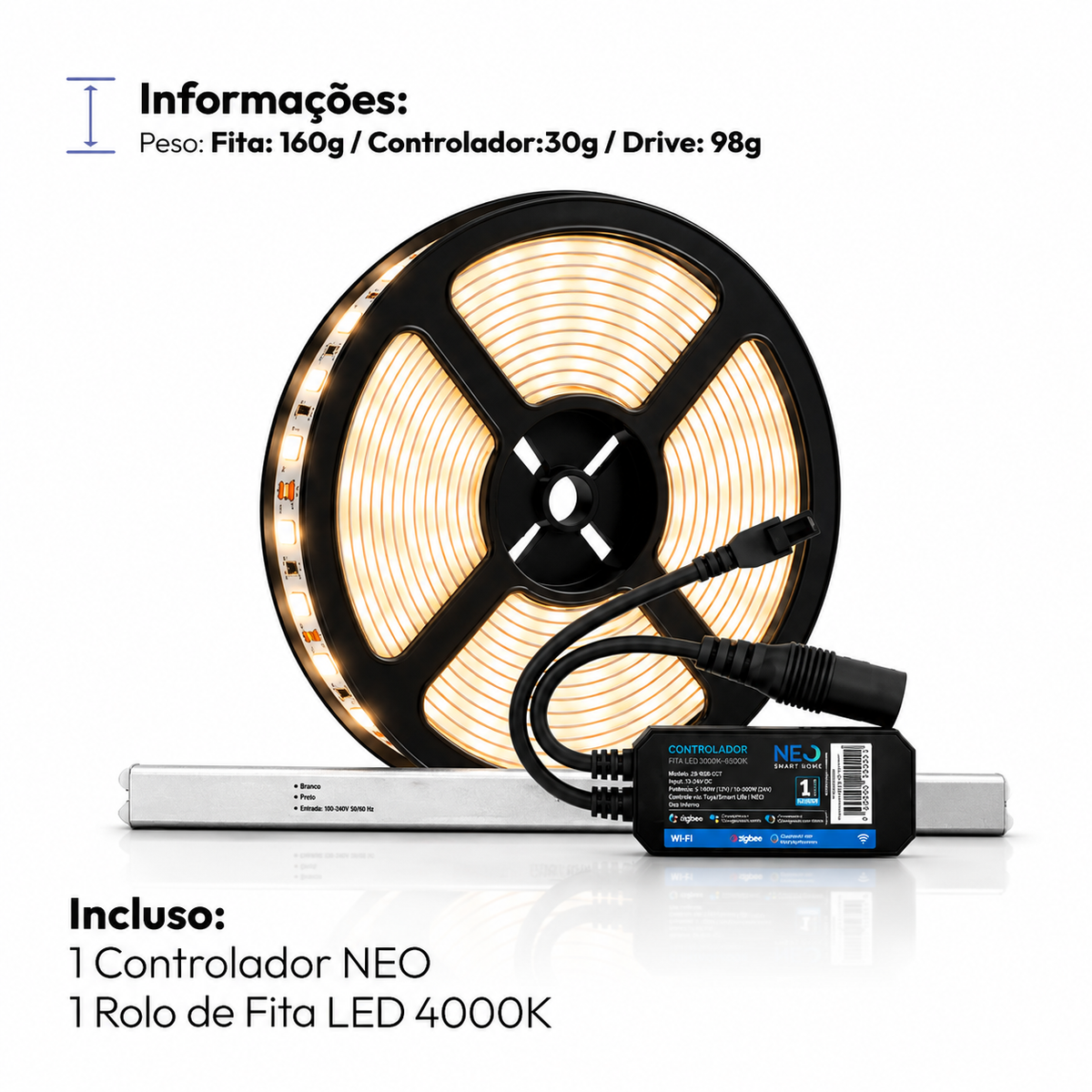 Fita Led Inteligente Wifi 10W 5 Metros 4000K Branco Neutro 12v Neo - NEO Avant
