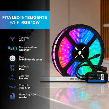 Fita Led Inteligente Wifi 10w 5 Metros Branco Quente/Frio RGB Colorido 12v Neo