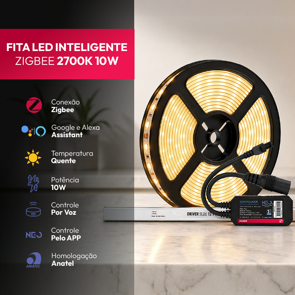 Fita Led Inteligente Zigbee 10w 5 Metros 2700k Branco Quente 12v Neo
