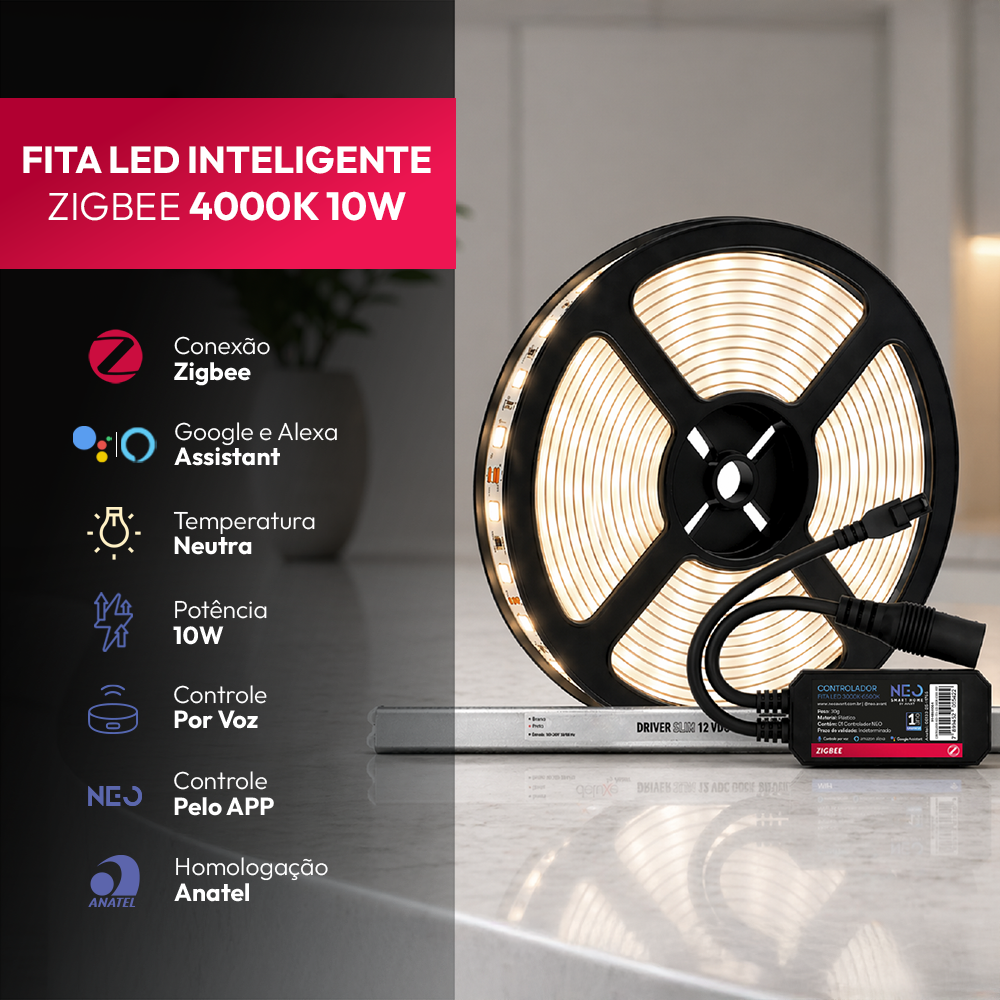 Fita Led Inteligente Zigbee 10w 5 Metros 4000k Branco Neutro 12v Neo