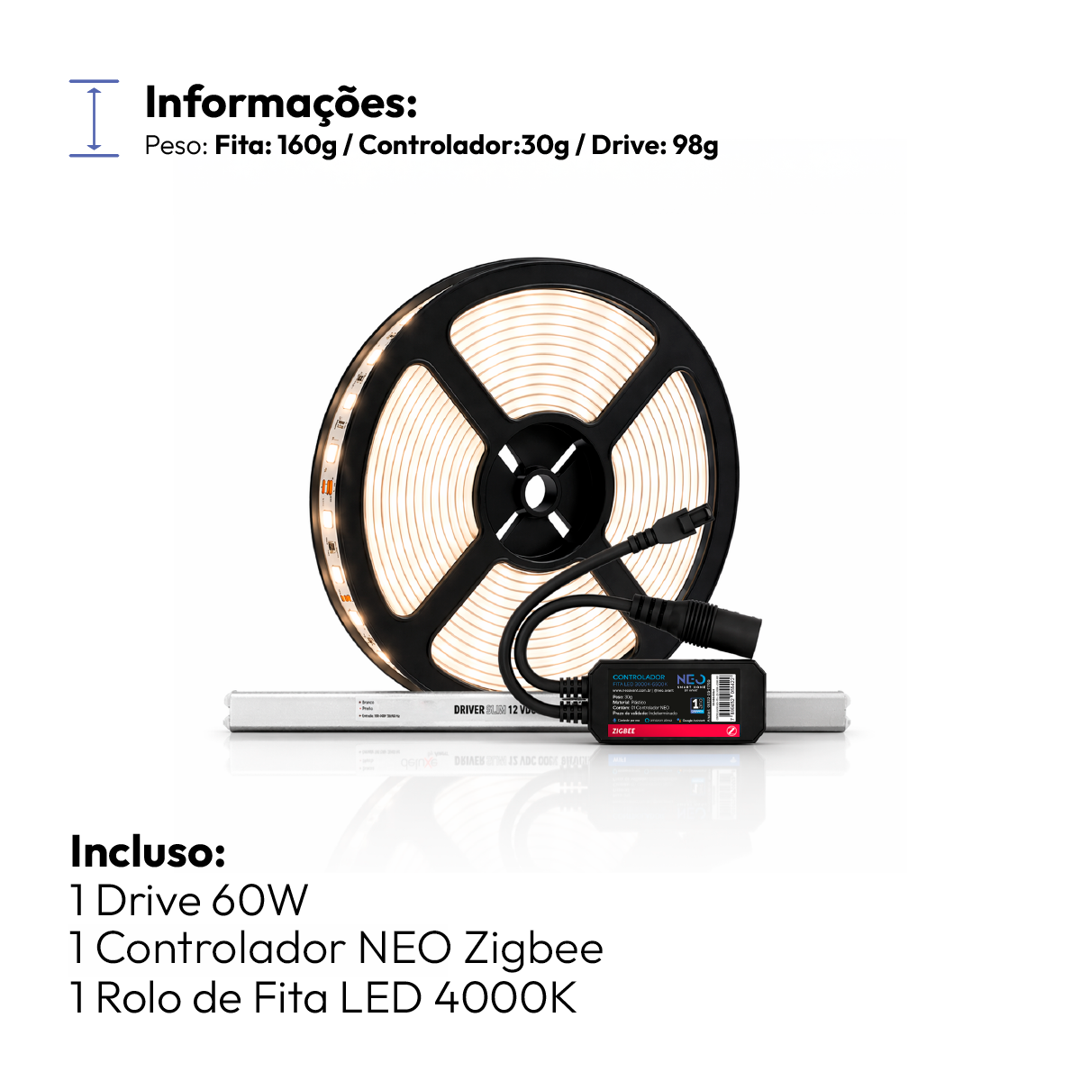 Fita Led Inteligente Zigbee 10w 5 Metros 4000k Branco Neutro 12v Neo