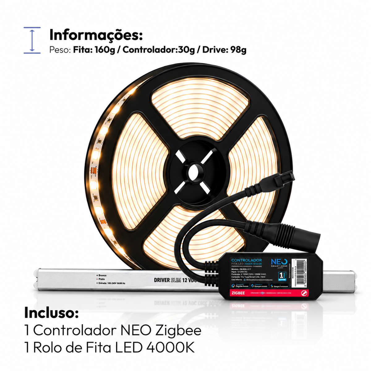 Fita Led Inteligente Zigbee 10w 5 Metros 4000k Branco Neutro 12v Neo