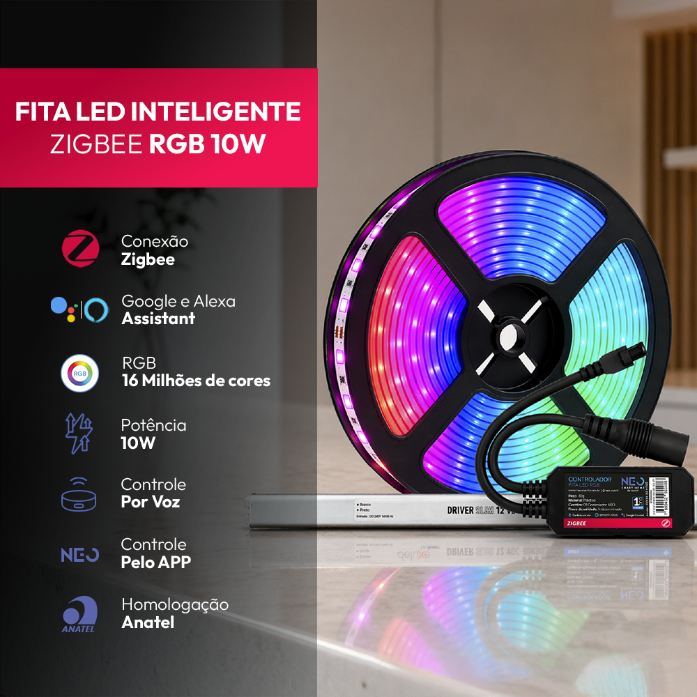 Fita Led Inteligente Zigbee 10w 5 Metros Branco Quente/Frio RGB Colorido 12v Neo