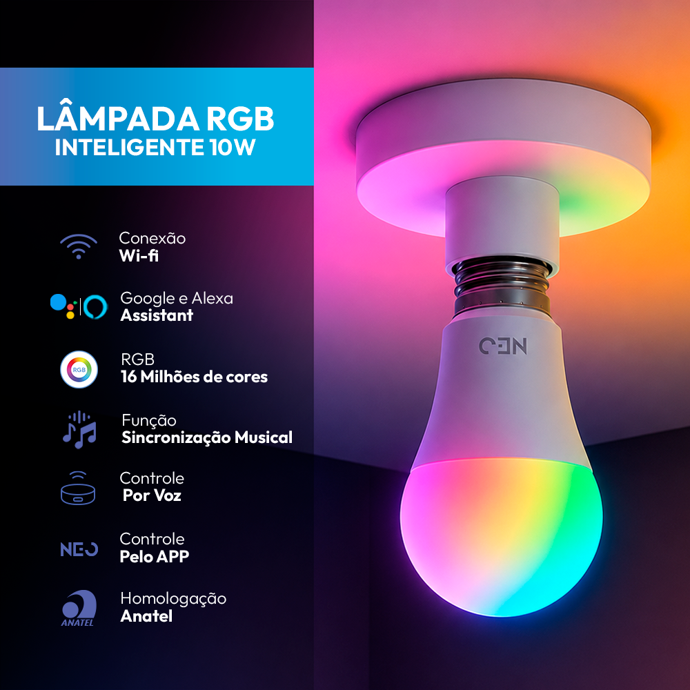 Lâmpada Led Pera Inteligente Wifi 10w RGB E27 Bivolt Neo