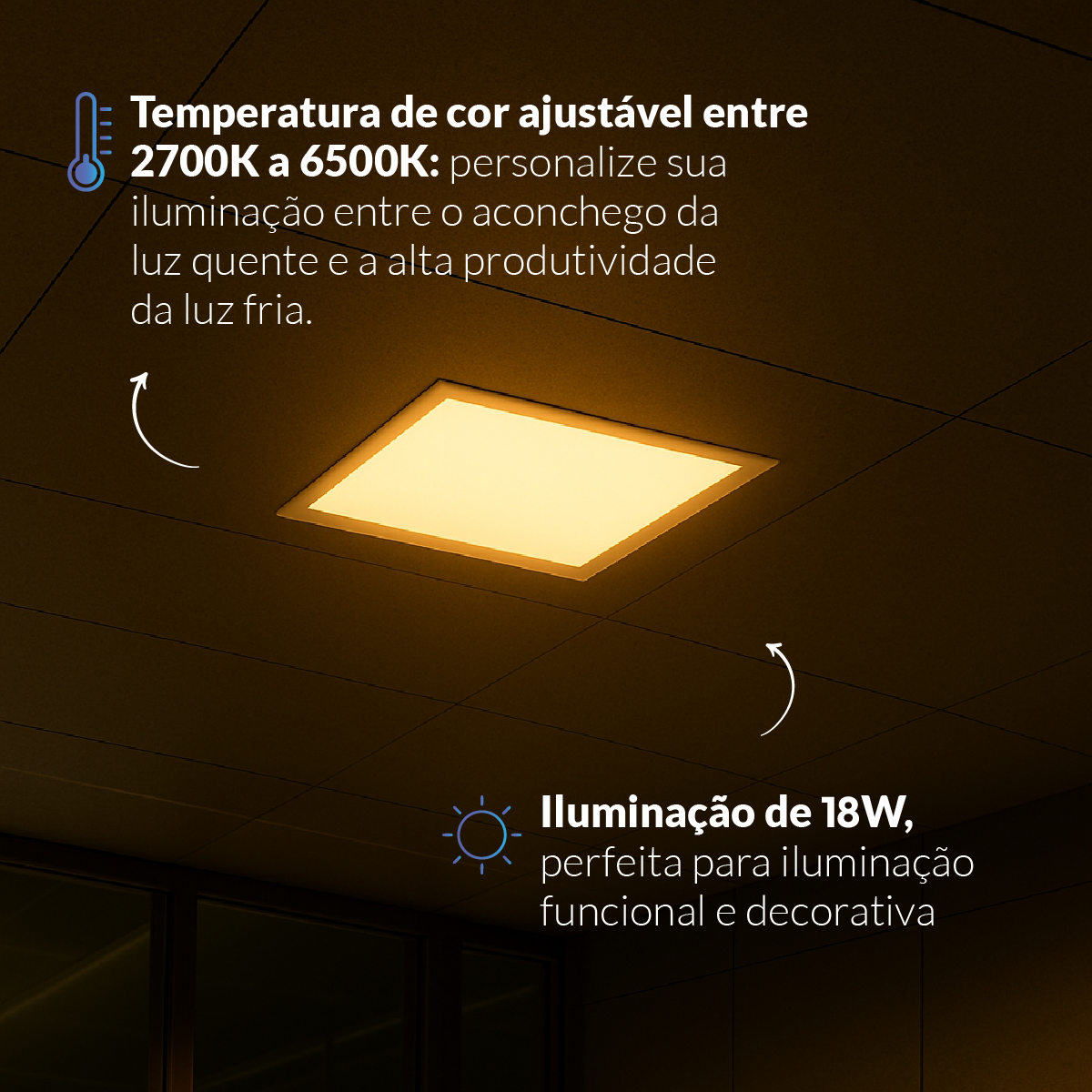 Painel LED Plafon Inteligente de Embutir Quadrado 18W Dimerizável 22cm Bivolt Avant Neo