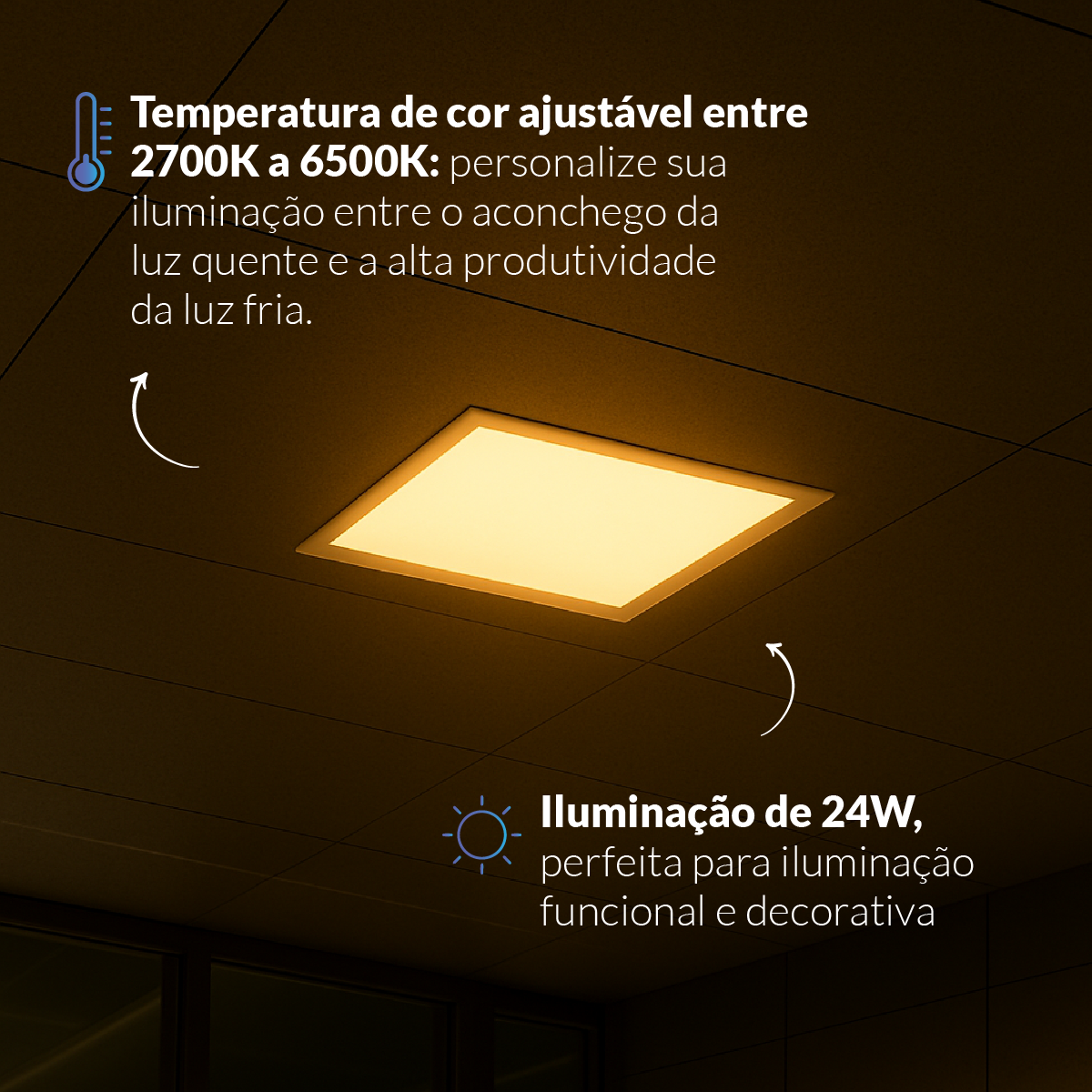 Painel LED Plafon Inteligente de Embutir Quadrado 24W Dimerizável 30cm Bivolt Avant Neo