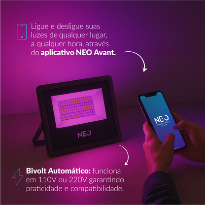 Refletor Led Smart Inteligente Wi-Fi 50W RGB Colorido Bivolt IP65 Preto