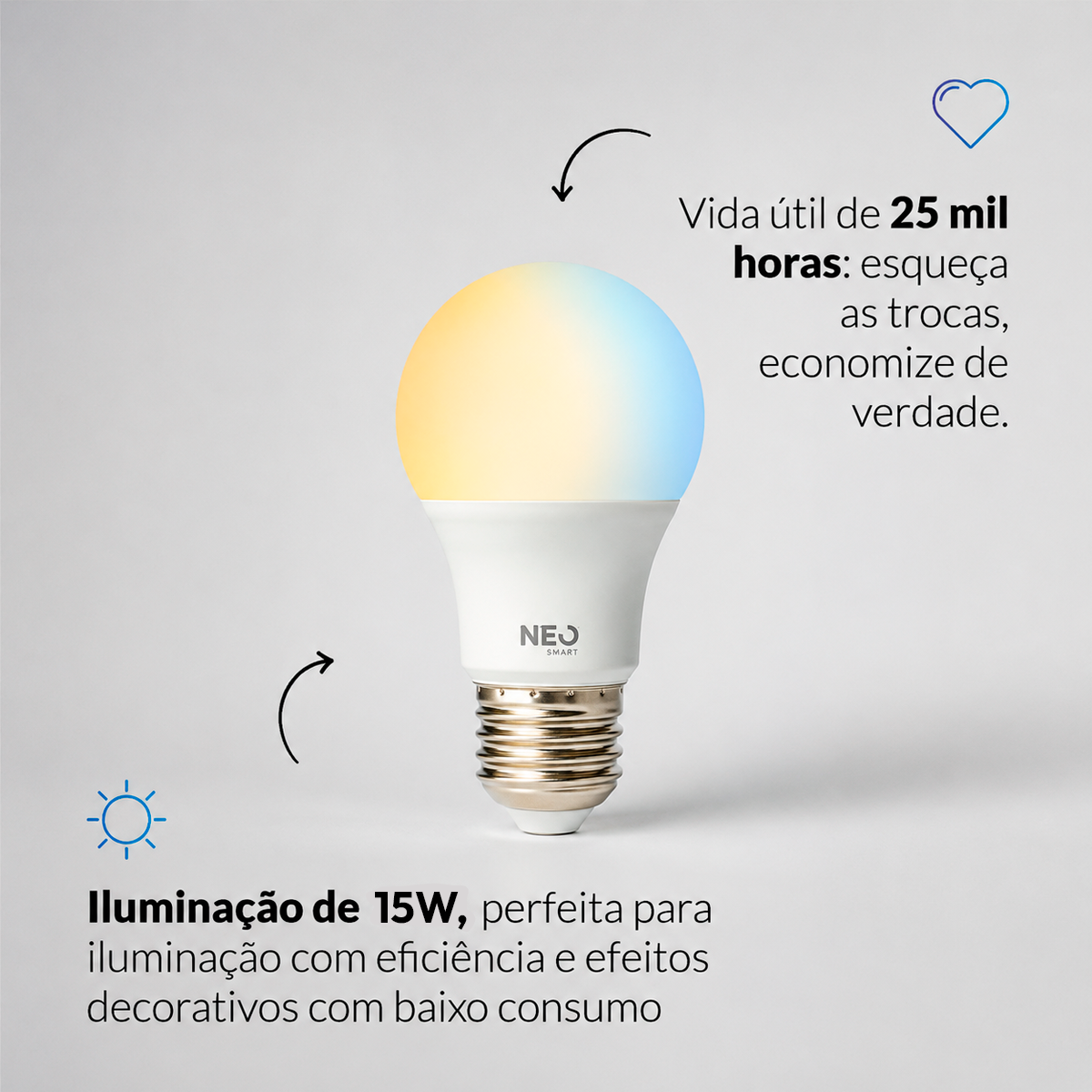 Lâmpada Led Pera Inteligente Wifi 15W Dimerizável Branco Quente a Frio E27 Bivolt Neo