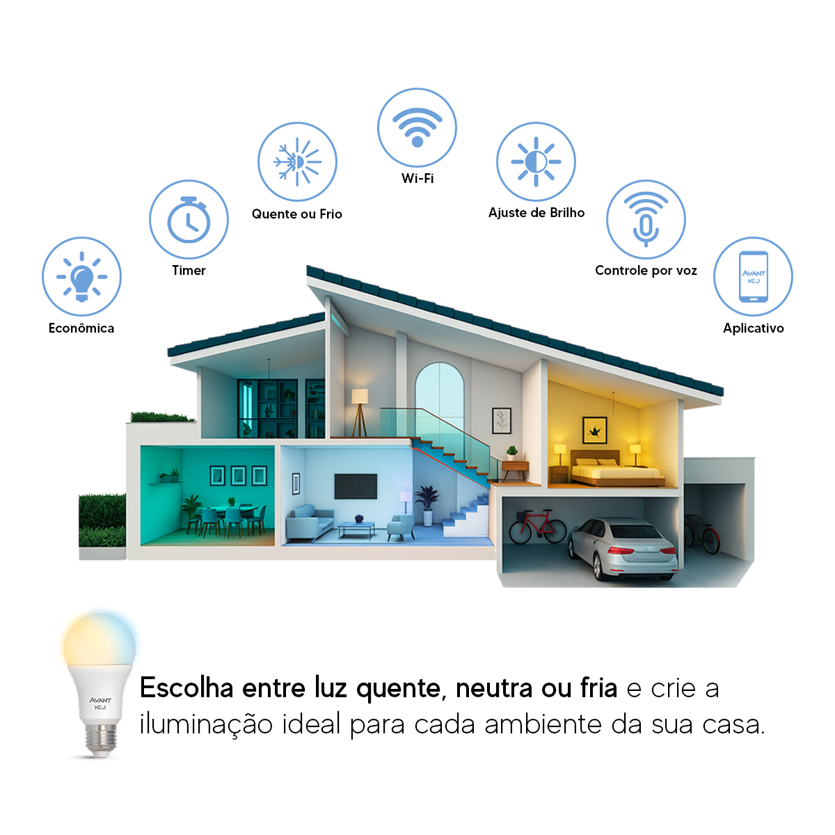 Lâmpada Led Pera Inteligente Wi-Fi 15W Dimerizável Branco Quente a Frio E27 Bivolt Avant Neo