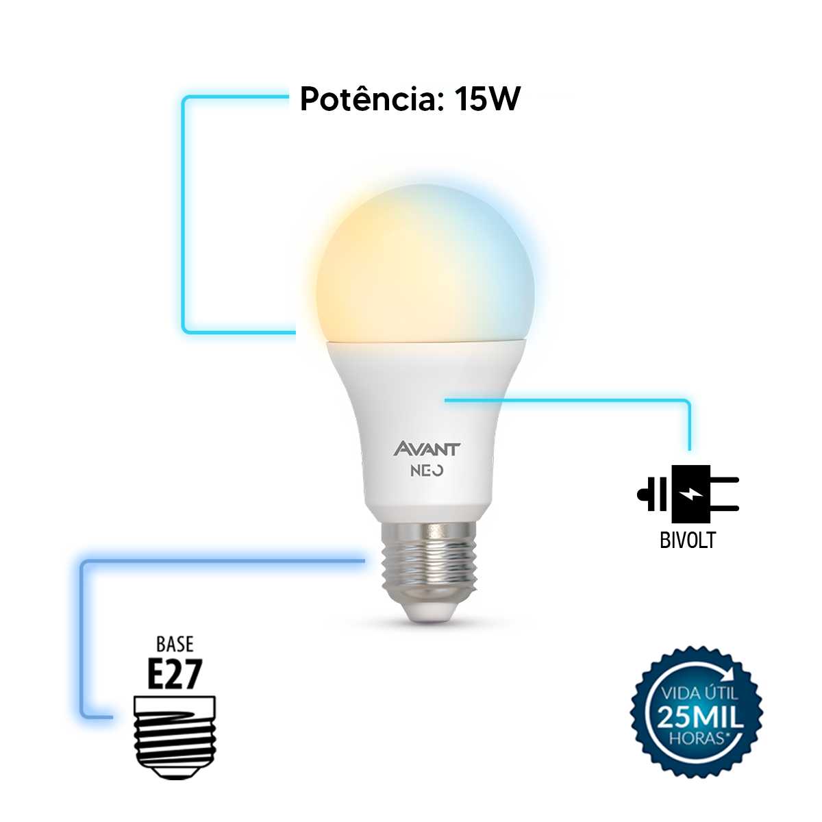 Lâmpada Led Pera Inteligente Wi-Fi 15W Dimerizável Branco Quente a Frio E27 Bivolt Avant Neo