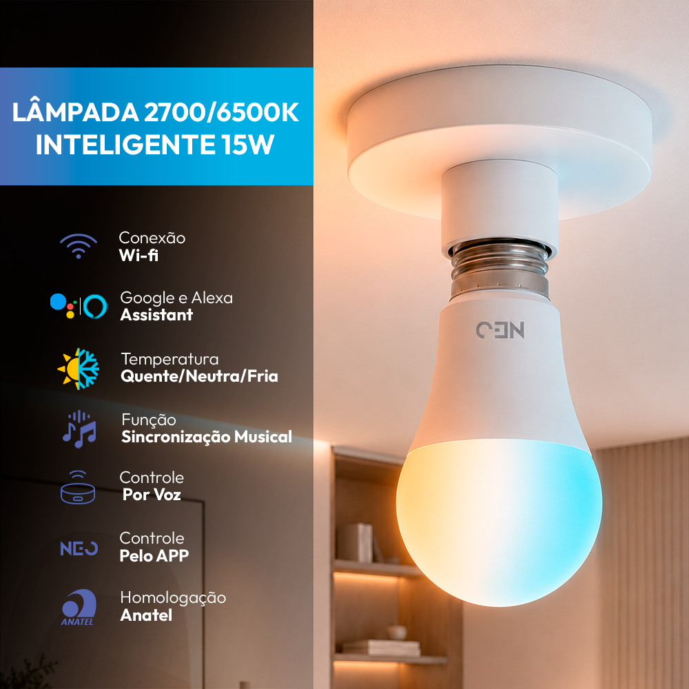Lâmpada Led Pera Inteligente Wifi 15W Dimerizável Branco Quente a Frio E27 Bivolt Neo