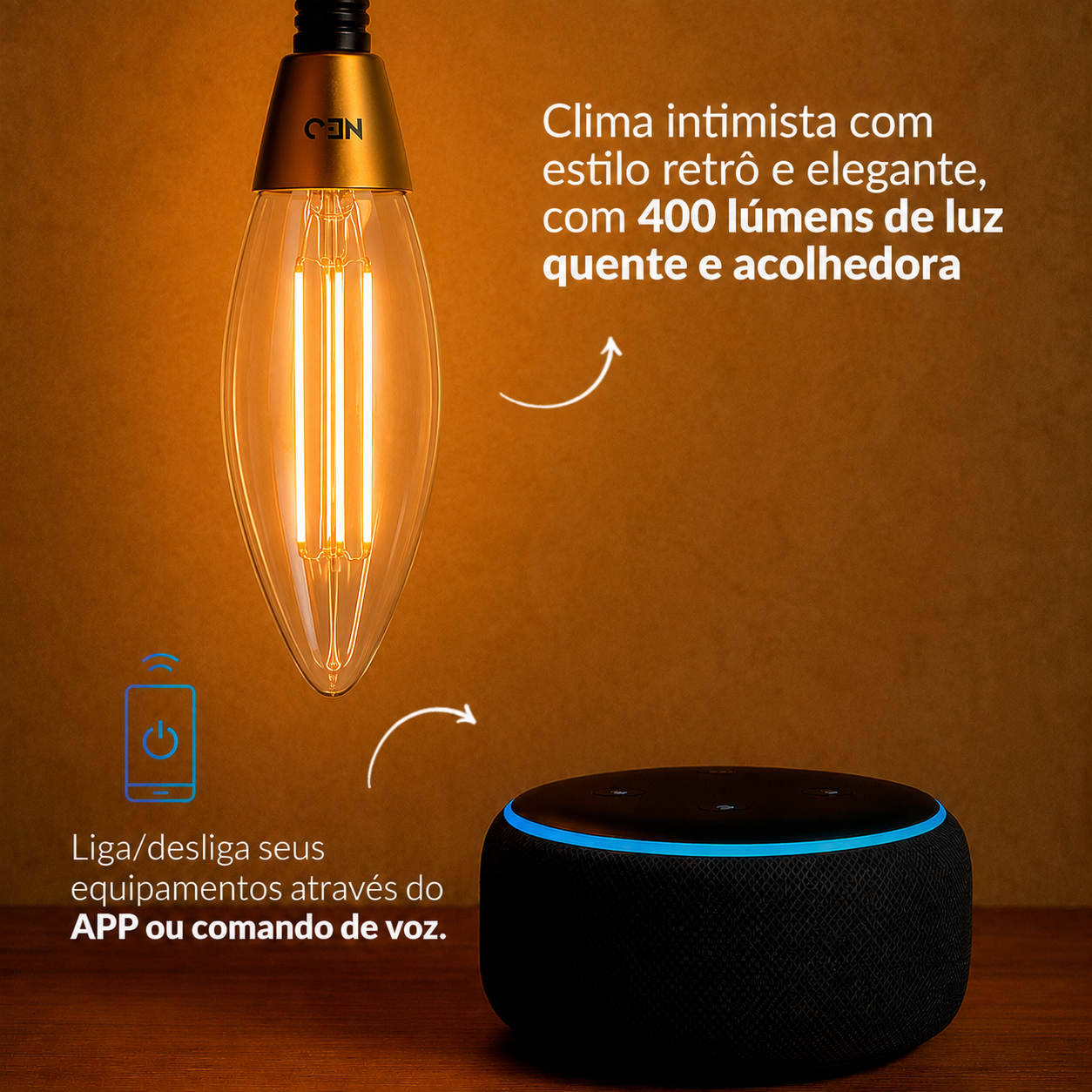 Lâmpada Led Vela Inteligente 4w 1800K/2700K Dimerizável E14 Bivolt IP20 Neo