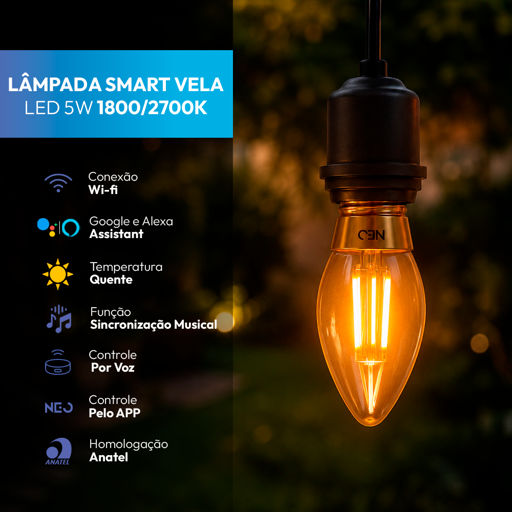 Lampada Led Vela Inteligente 5w 1800K/2700K Colorido E27 Bivolt IP20 Neo