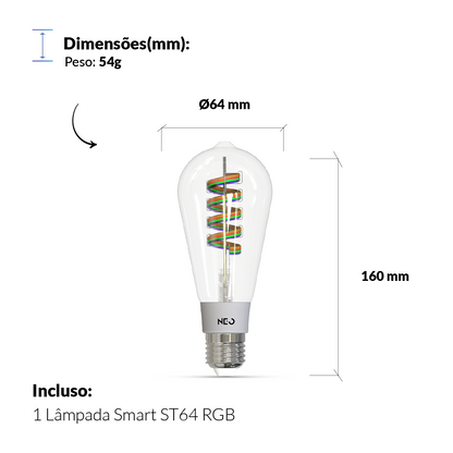 Lâmpada LED Smart Wi-Fi RGB ST64 6W Dimerizável 2700K a 6500K E27 Bivolt Avant Neo