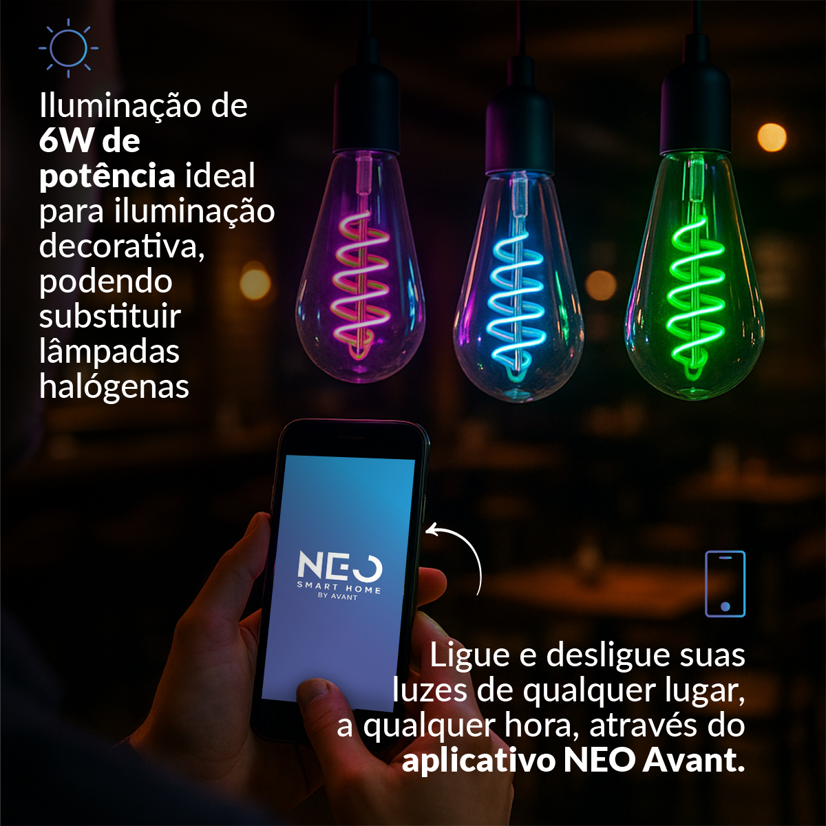 Lâmpada LED Inteligente Wifi RGB ST64 6W Dimerizável E27 Bivolt Neo