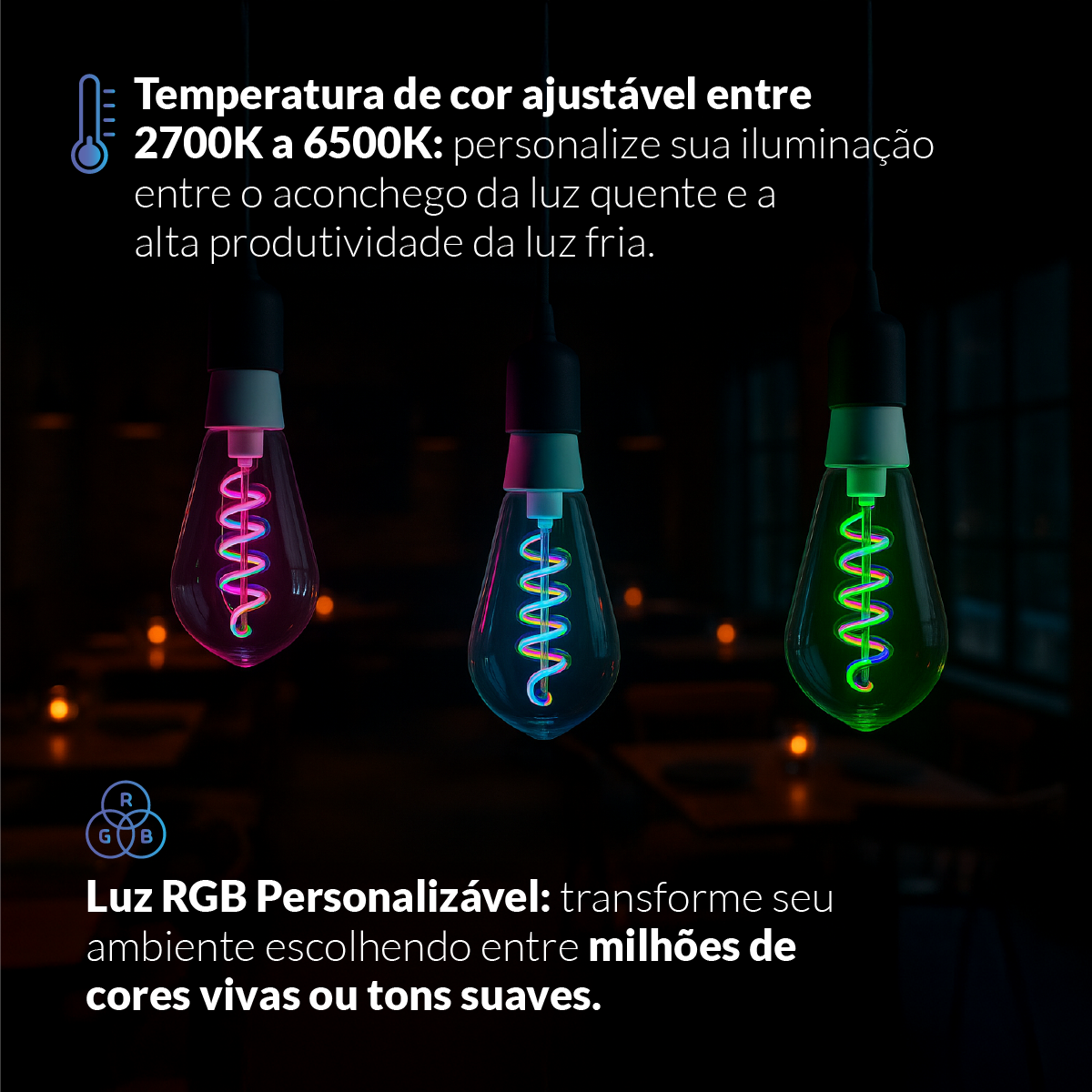 Lâmpada LED Inteligente Wifi RGB ST64 6W Dimerizável E27 Bivolt Neo